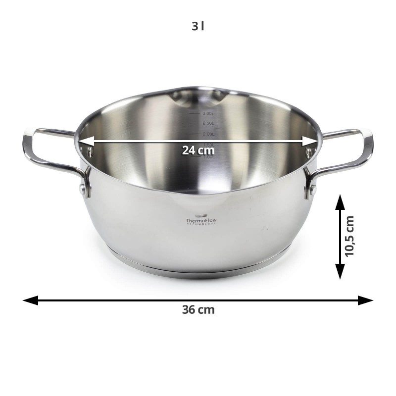 Pour & Cook čelični lonac sa staklenim poklopcem promjera 24 cm i zapremnine 3 l odlikuje se neuništivim čelikom 18/10, čeličnim dnom u 3 sloja koje omogućava brzo i ravnomjerno zagrijavanje i kraće vrijeme kuhanja. ThermoFlow tehnologija osigurava izvrsnu raspodjelu topline po cijeloj površini posude i ravnomjerno kuhanje. Za lakše kuhanje lonac ima mjernu skalu, prilagođen poklopac i rub koji je usmjeren prema van. Primjeren je za sve površine za kuhanje, uključujući indukciju, Jednostavno se pere. Primjeren za perilicu posuđa.
