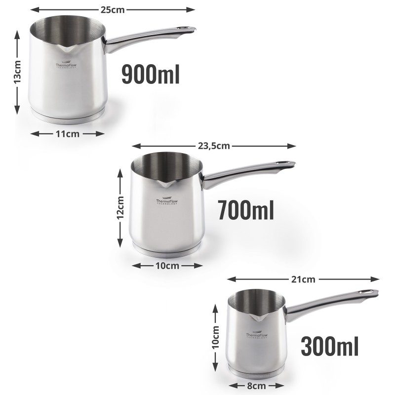 Pour&Cook čelična džezva promjera 8 cm, zapremnine 300 ml od neuništivog čelika 18/10 s 3-slojnim dnom koje omogućuje brzo i ravnomjerno zagrijavanje te kraće vrijeme kuhanja. ThermoFlow tehnologija savršeno raspoređuje toplinu po cijeloj površini posuđa što jamči ravnomjerno kuhanje. Primjerena za sve ploče za kuhanje, uključujući i indukciju. Jednostavno se pere i u perilici posuđa.