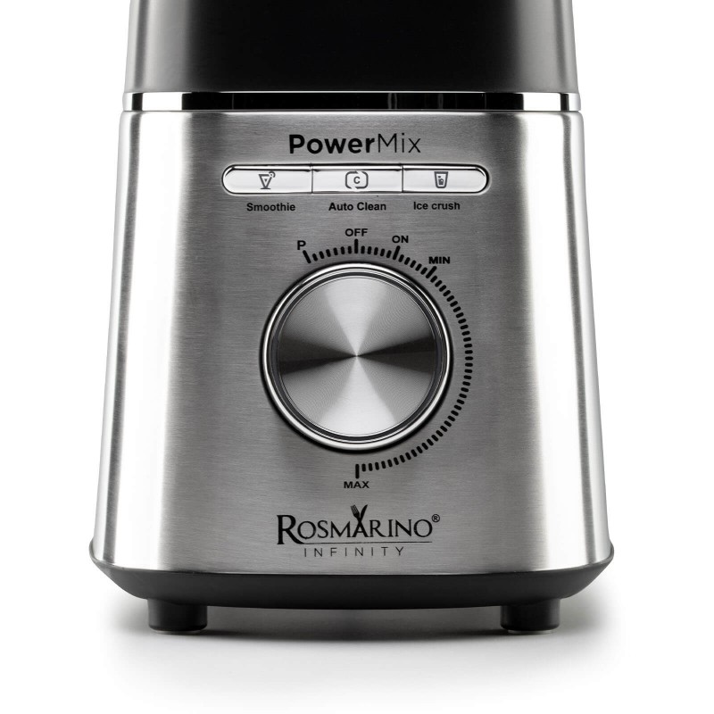 Blender koji će obaviti posao umjesto vas. Rosmarino Infinity Power Mix vrhunski je blender, izuzetno moćan i brz aparat u vašoj kuhinji za sve vaše dnevne obroke, doručak, ručak, obroke koje trebate pripremiti na brzinu pa sve do večere. 6 oštrica od nehrđajućeg čelika omogućuju vam pripremu raznih voćnih ili povrtnih napitaka, raznih umaka ili čak drobljenja leda! Snaga motora s 1400 W, 3 unaprijed postavljene funkcije i dodatna turbo impulsna funkcija zadovoljit će vaše potrebe za pripremu hrane različite teksture. U prostranoj staklenoj posudi zapremine 1500 ml s mjernom skalom uživat ćete u bezbrižnoj pripremi jela za cijelu obitelj. Također savršen aparat za pripremu dječjih obroka. Minimalistički dizajn u crnoj i inox boji također će zadovoljiti sve ljubitelje elegancije u bilo kojoj modernoj kuhinji.