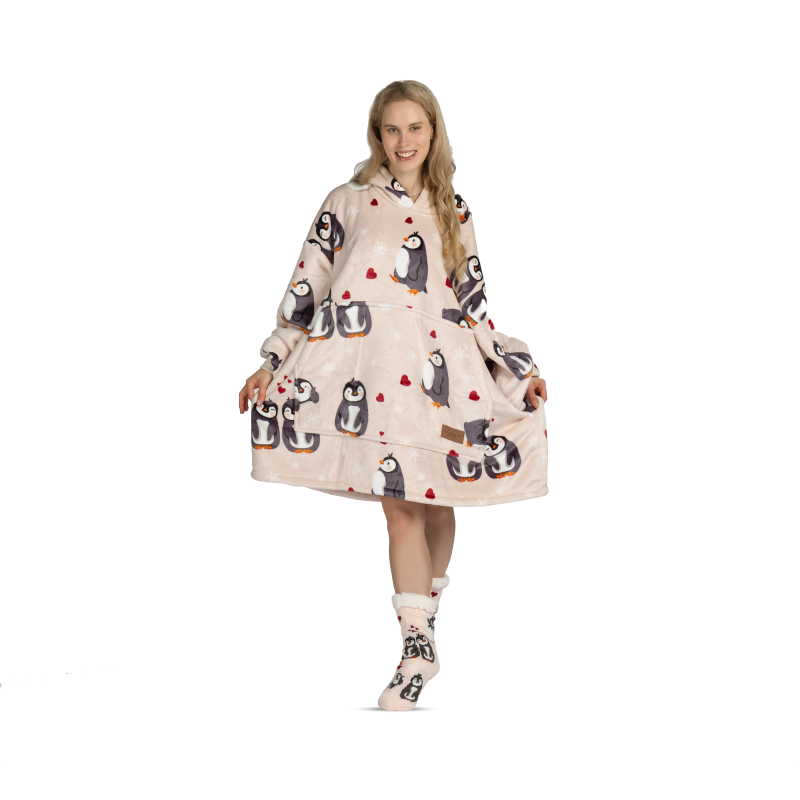 Hoodie deka za odrasle Svilanit Penguin Love + Poklon čarape 