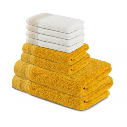8-dijelni set ručnika Svilanit Glam - žuti/bijeli sa zlatnom bordurom